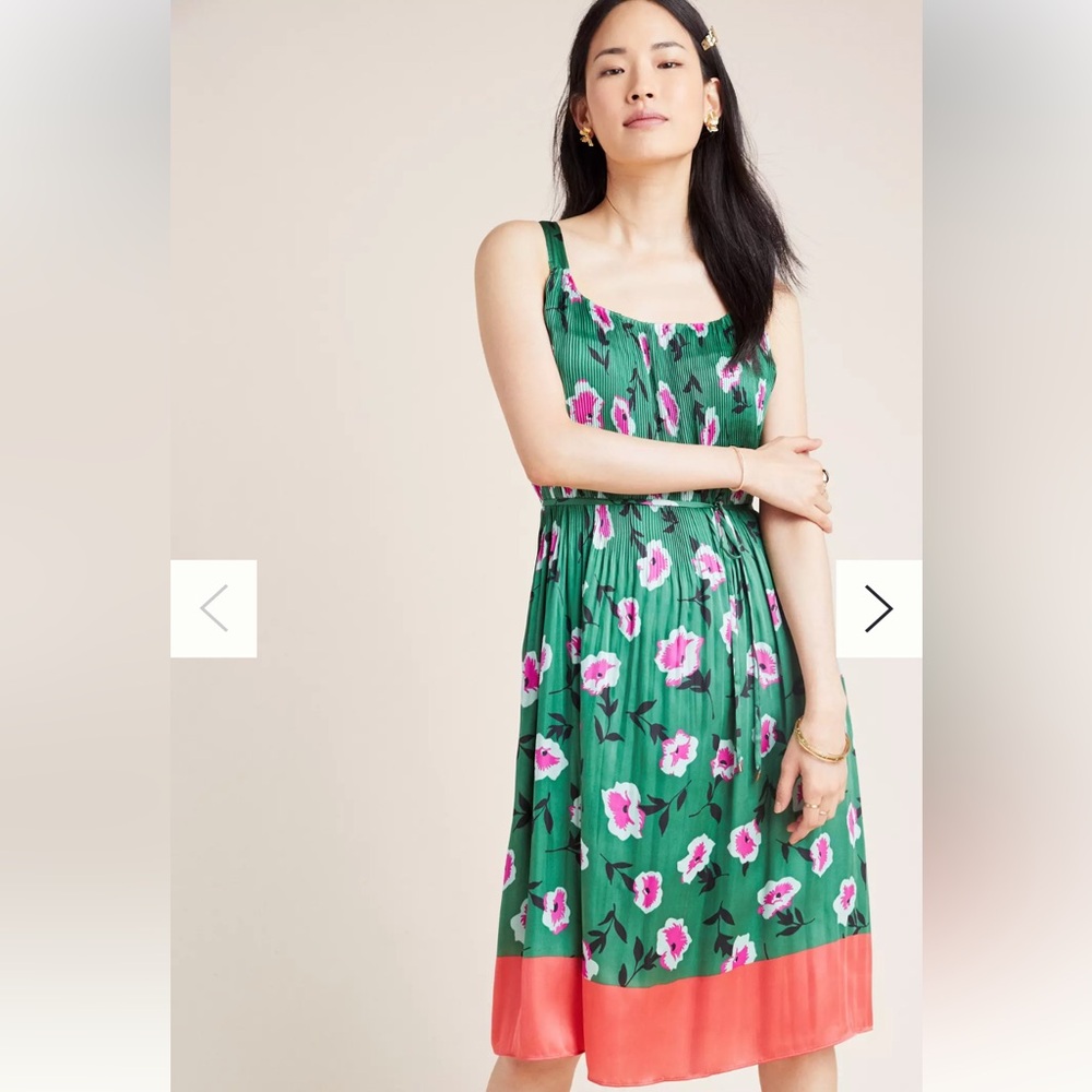 Anthropologie Mirelle pleated Green Floral Midi Dress